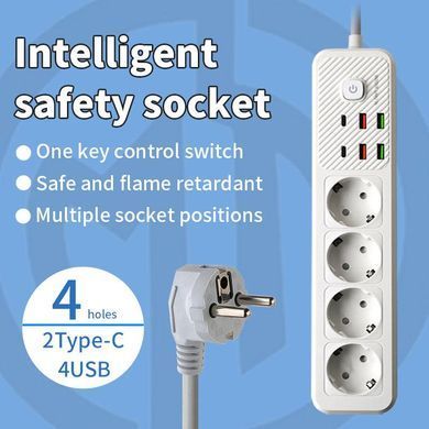 Подовжувач мережевий фільтр 3 м на 4 розетки + 4USB + 2Type-C F084PD Білий