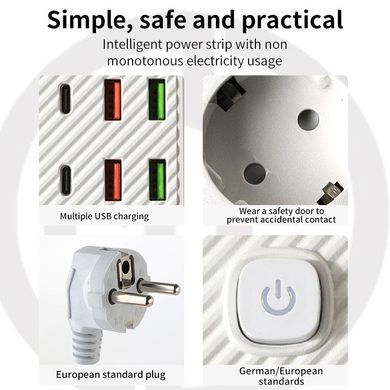 Подовжувач мережевий фільтр 3 м на 4 розетки + 4USB + 2Type-C F084PD Білий