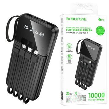 Павербанк 10000mAh з вбудованими кабелями Lightning, Type-C, Micro-USB, USB BOROFONE BJ76 2USB Чорний