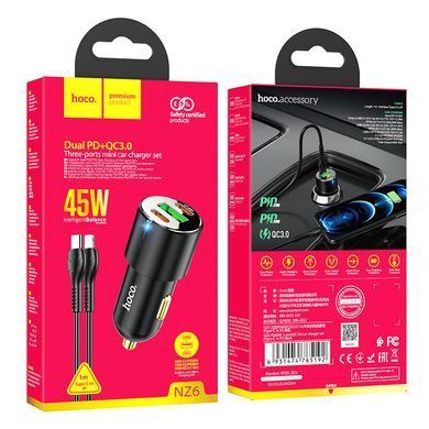 Автомобільний зарядний пристрій з кабелем Type-C to Lightning HOCO NZ6 USB/2Type-C, PD45W, 3A Чорний
