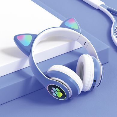 Бездротові дитячі MP3 Навушники з котячими Вушками з підсвіткою з MicroSD з FM-Радіо Cat Ear STN-28 Bluetooth Сині